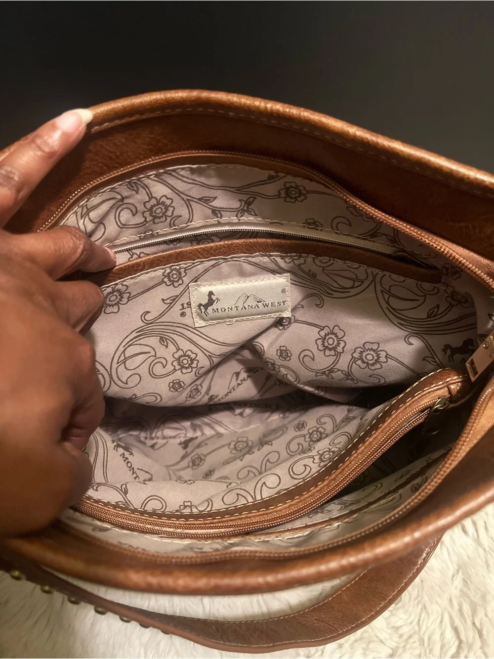 Montana West Tan and Cream Floral Embossed Western Shoulder Bag with Stud Cross